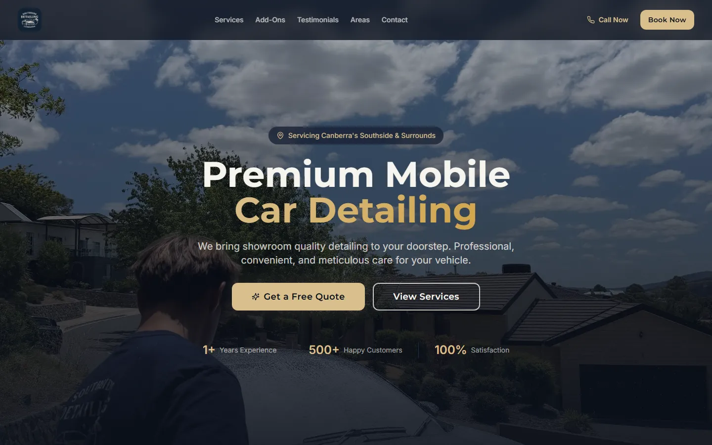 Canberra Southside Detailing website homepage with the headline Premium Mobile Car Detailing and a Get a Free Quote button